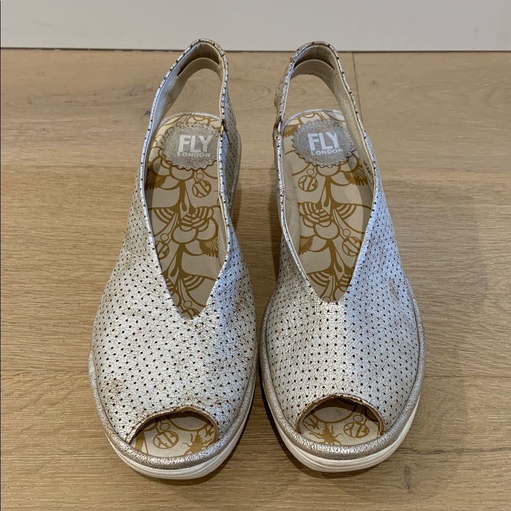 Fly London Silver Peep Toe Slingback Wedges